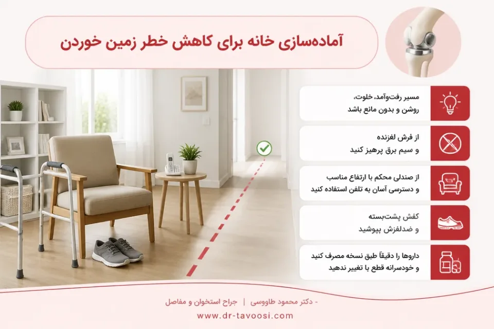 آمادهسازی خانه برای کاهش خطر زمین خوردن — آمادهسازی خانه برای راه رفتن ایمن بعد از تعویض مفصل زانو