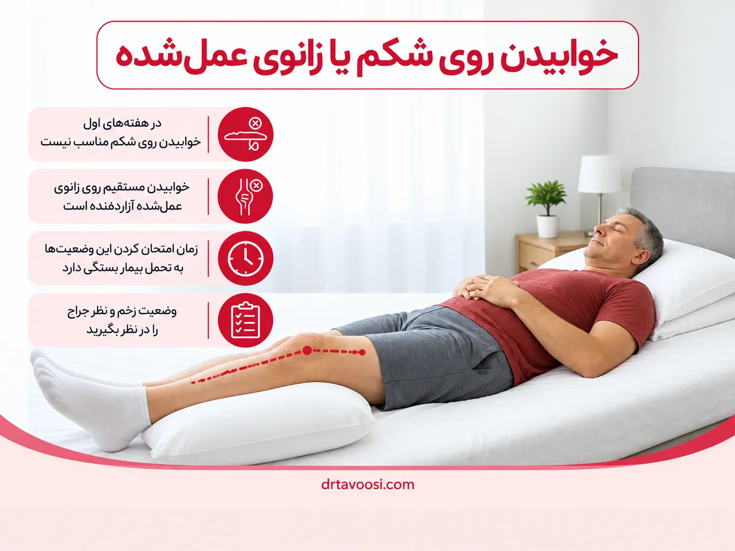 نمای توضیحی درباره خوابیدن روی شکم یا زانوی عملشده
